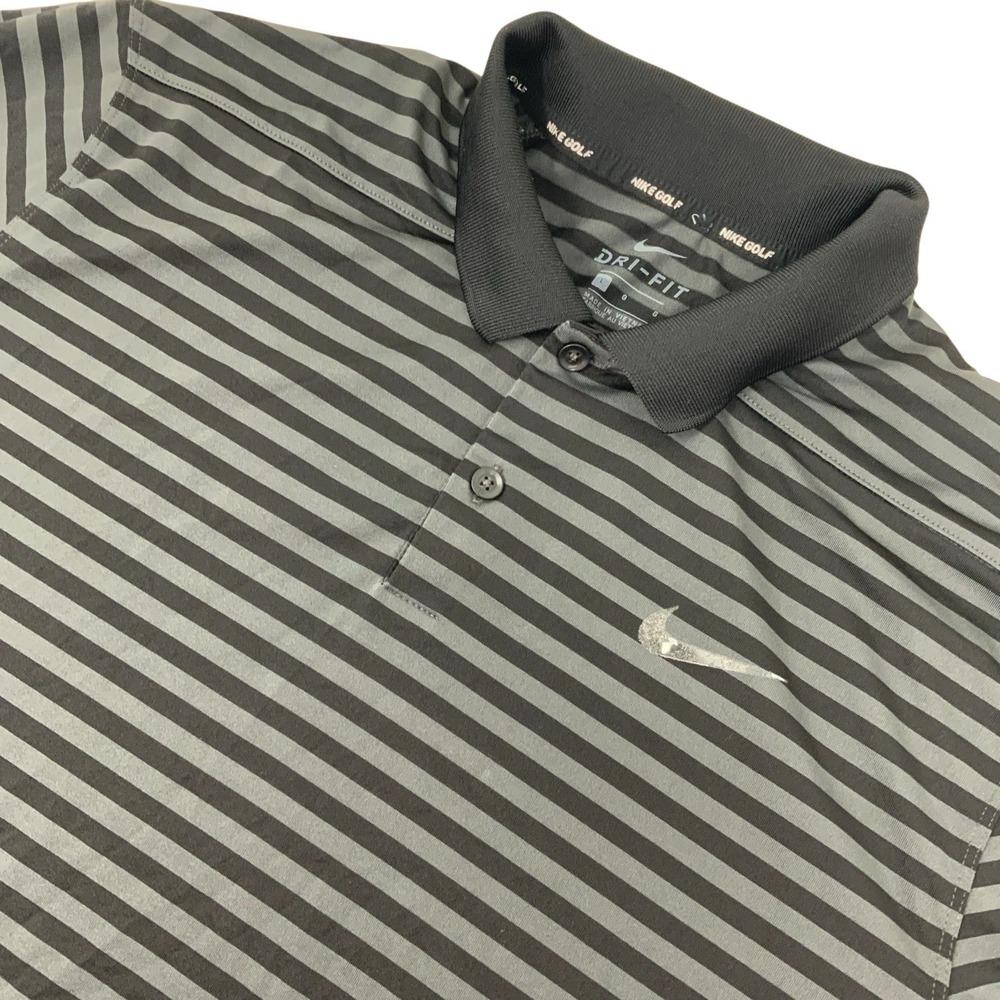 Nike Golf Dri-FIT Polo Shirt Mens L Black Gray Stripe Lightweight Swoosh FLAW